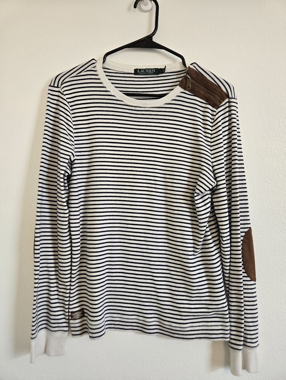 Lauren Ralph Lauren White & Navy Striped Long Sleeve Shirt Brown Elbow Patches